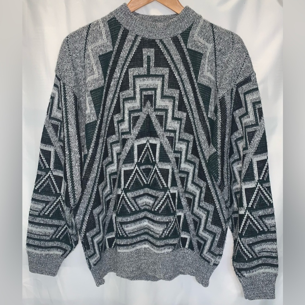 Vintage Poplar Classics 80’s 90’s Sweater Aztec Geometric Mock Neck Knit Gray